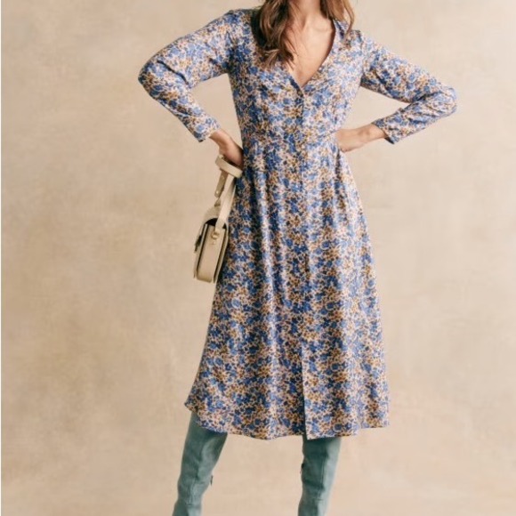 Sezane Victoriana Silk Button Front Midi Dress in Blue Floral Print - 38 / 6